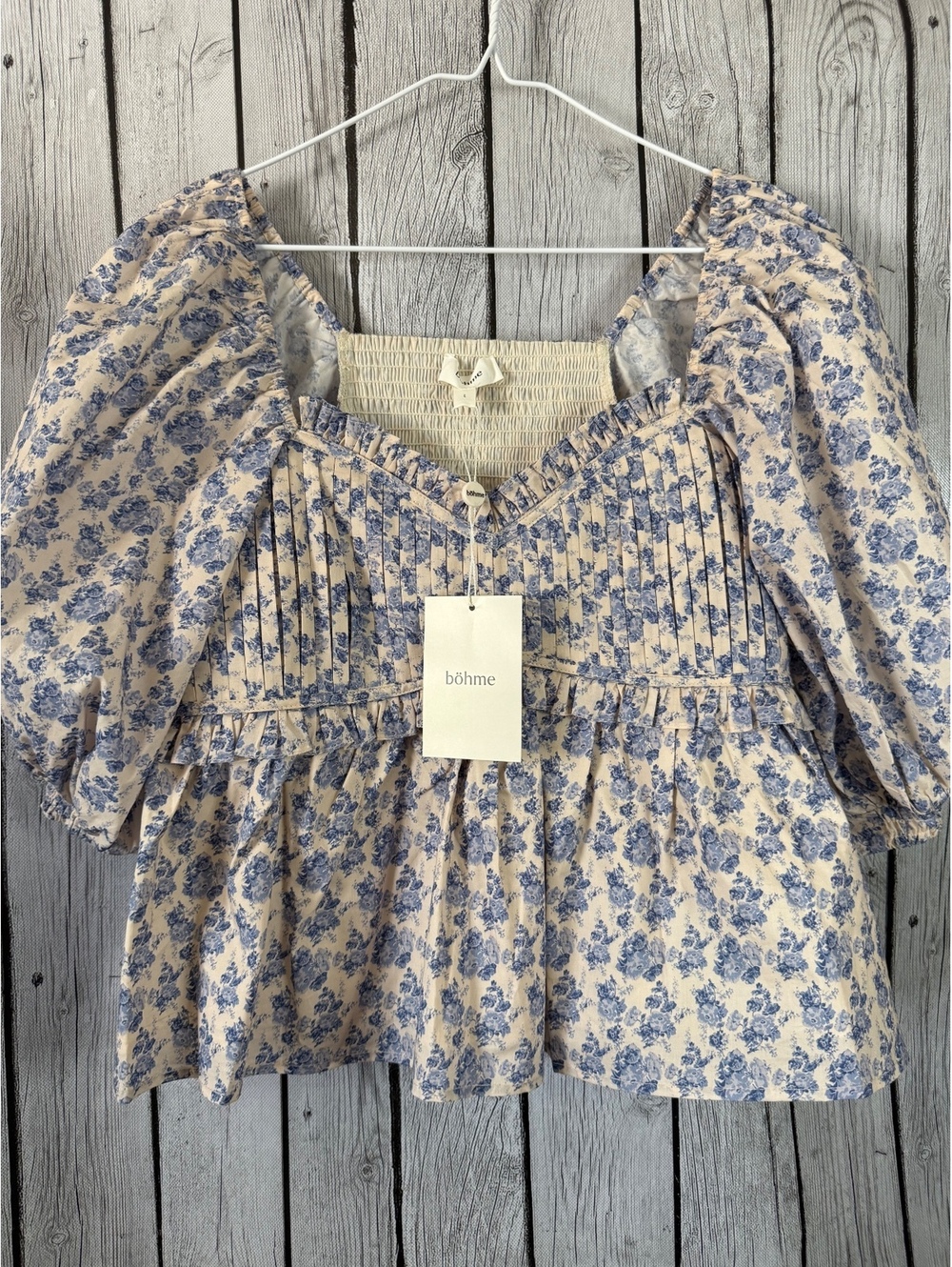 Böhme Blue Floral Puff Sleeve Peplum Top Size L